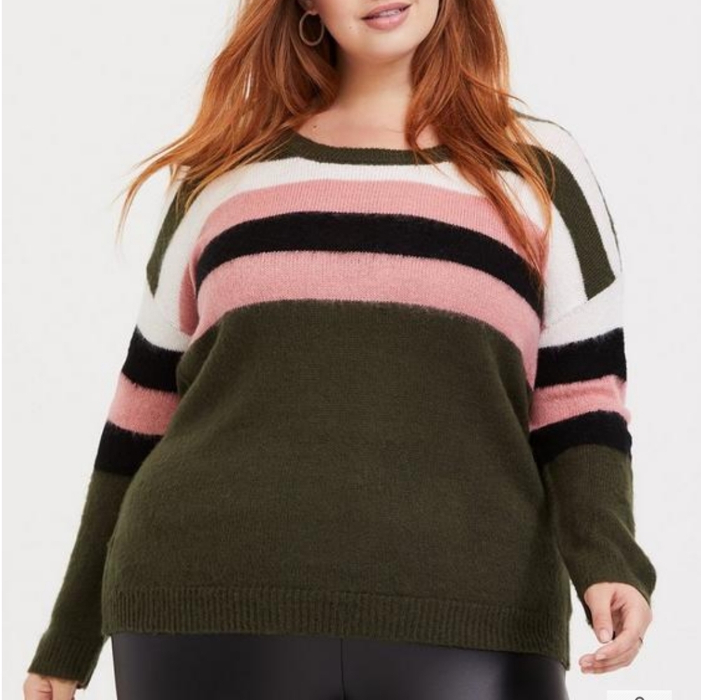 Torrid 1X Olive Green Multi-Color Striped Knit Sweater